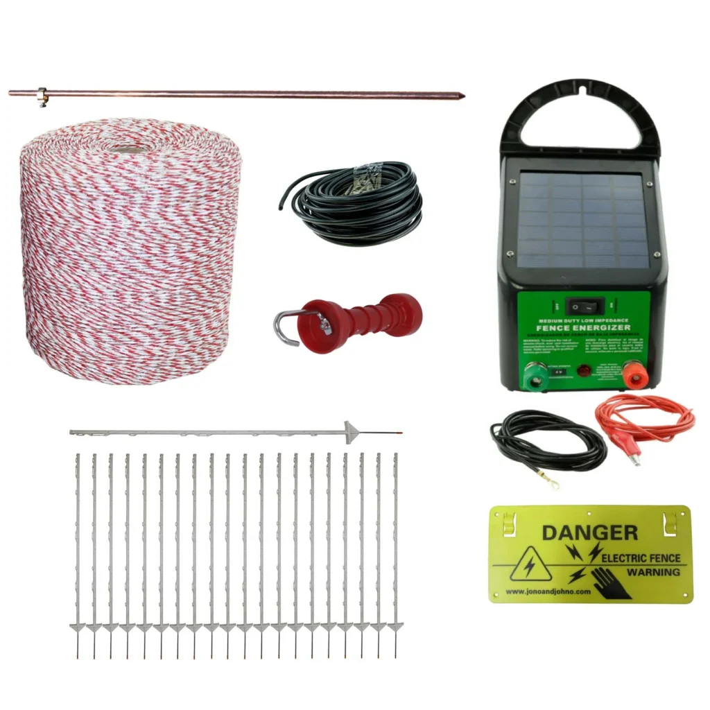 A comprehensive electric fence kit designed to protect livestock and property.