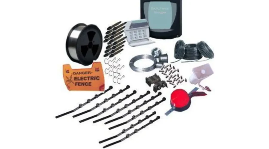A comprehensive electric fence kit designed to protect livestock and property.