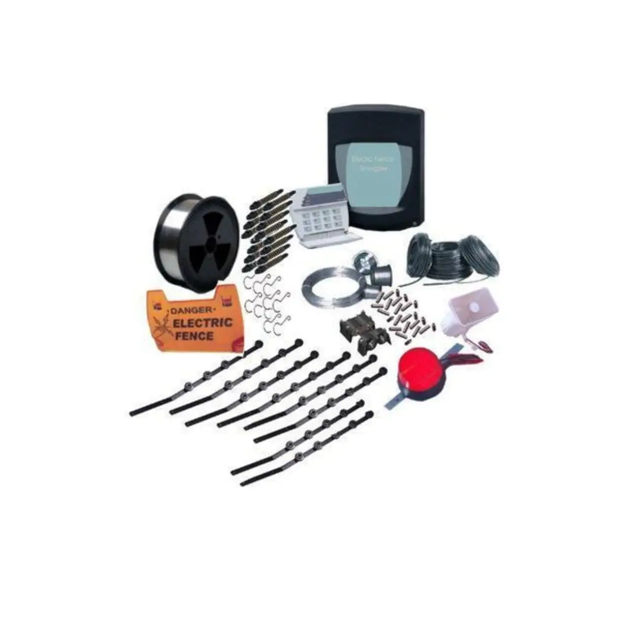 A comprehensive electric fence kit designed to protect livestock and property.
