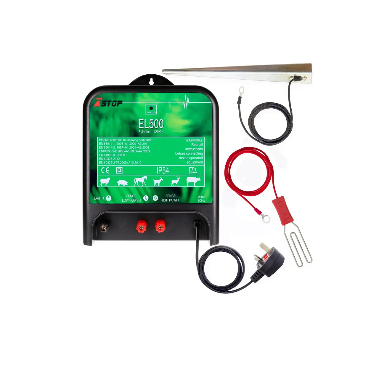 Electric fence energizer, a device used to power electric fences.